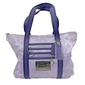 Coach Poppy Tote Shoulder Bag Lavender Purple Canvas Logo Metallic Pink Liner